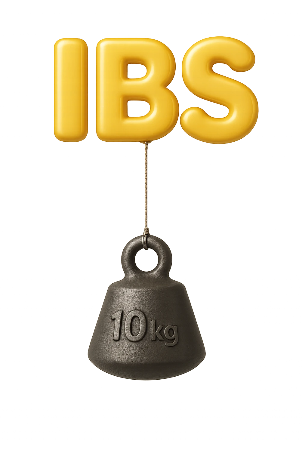 emoji stile iphone della parola "IBS" sospesa in aria con zavorra attaccata sotto che la fa cadere per il peso, iperrealistico 4k emoji