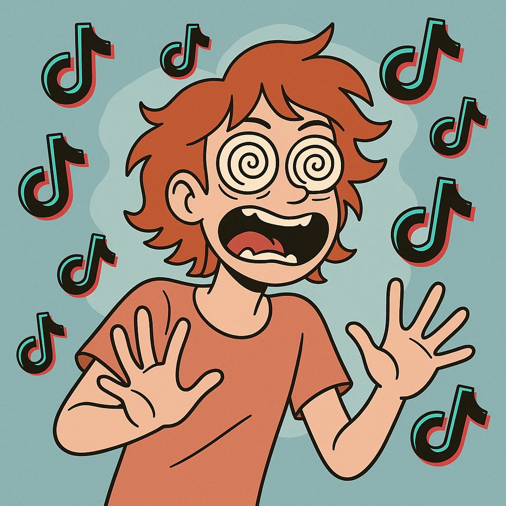 red-haired person with spiraling eyes, surrounded by TikTok icons, looking crazed and hyper, comic style emoji
