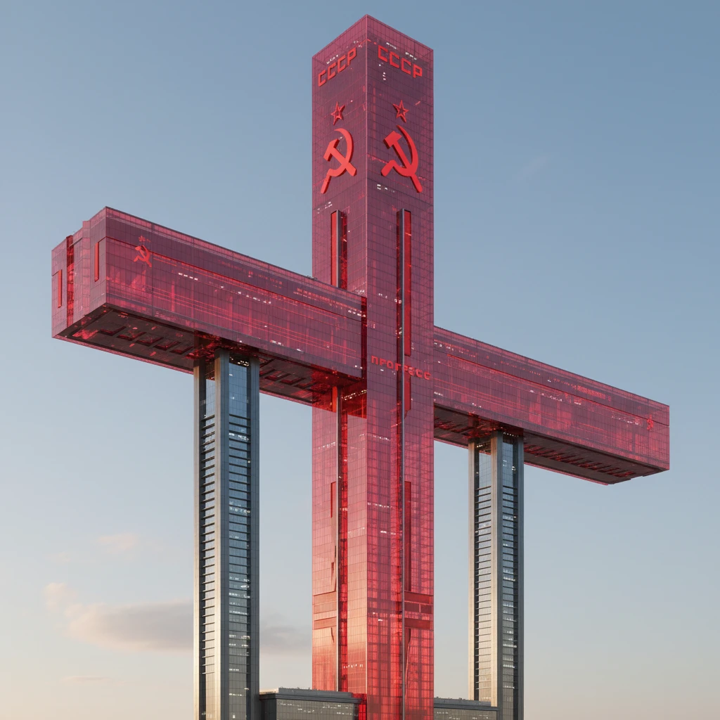 Небоскреб с советской символикой, красное прозрачное стекло. Два высоких небоскреба в его основании, стоят далеко друг от друга. На них лежит огромный горизонтальный небоскреб, очень длинный в обе стороны.

Фотореализм. Абсолютно прозрачный фон emoji