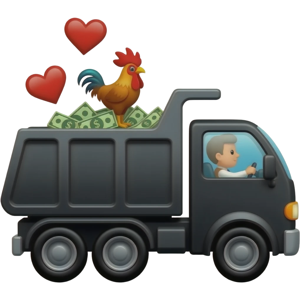 Black dump truck carrying money with hearts and with a rooster, driver white  emoji