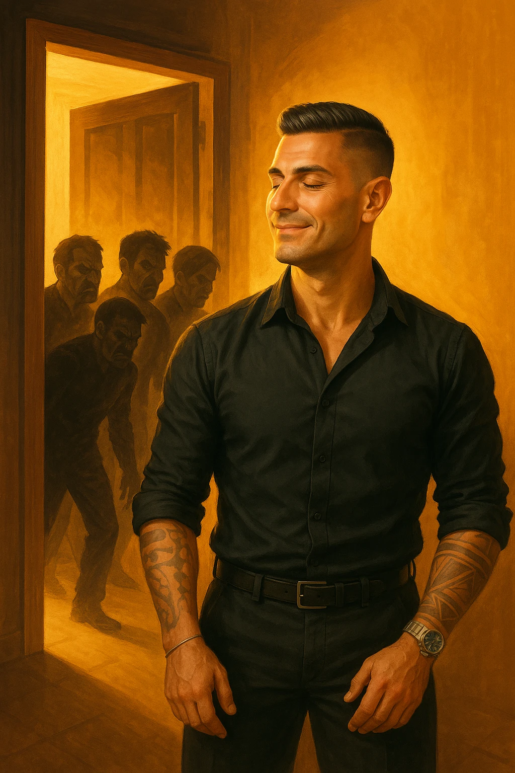 a man stands confidently in a sunlit room, facing away from a group of dark, shadowy figures with harsh or angry expressions who are walking out the door. The man’s posture is upright and relaxed, his face calm and relieved. Warm light fills the space, symbolizing his newfound peace and positivity. emoji