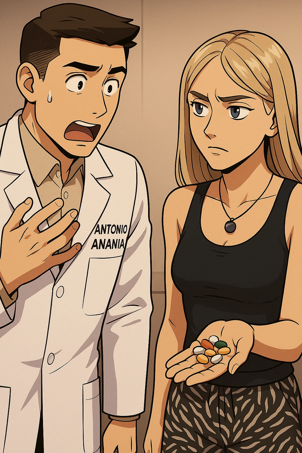 fai un webtoon/manga a colori con questo kinesiologo in camice bianco (fagli la scritta "ANTONIO ANANIA" SUL CAMICE) CHE PARLA CON QUESTA RAGAZZA CON GLI OCCHI AZZURRI. LA RAGAZZA HA UN PUGNO DI INTEGRATORI IN MANO (TANTE PILLOLE DIVERSE) E LE GUARDA DUBBIOSA. IL KINESIOLOGO CON IL CAMICE BIANCO LE DOMANDA UNA COSA SCIOCCATO. NON FARE I FUMETTI, FAI SOLO LORO COME SE DIALOGASSERO emoji
