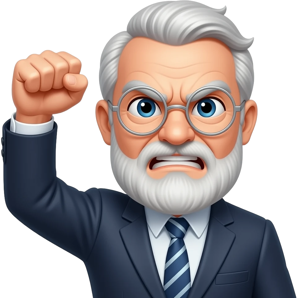 Angry old man with busy eyebrows with silver round glasses shaking his fist at the sky emoji