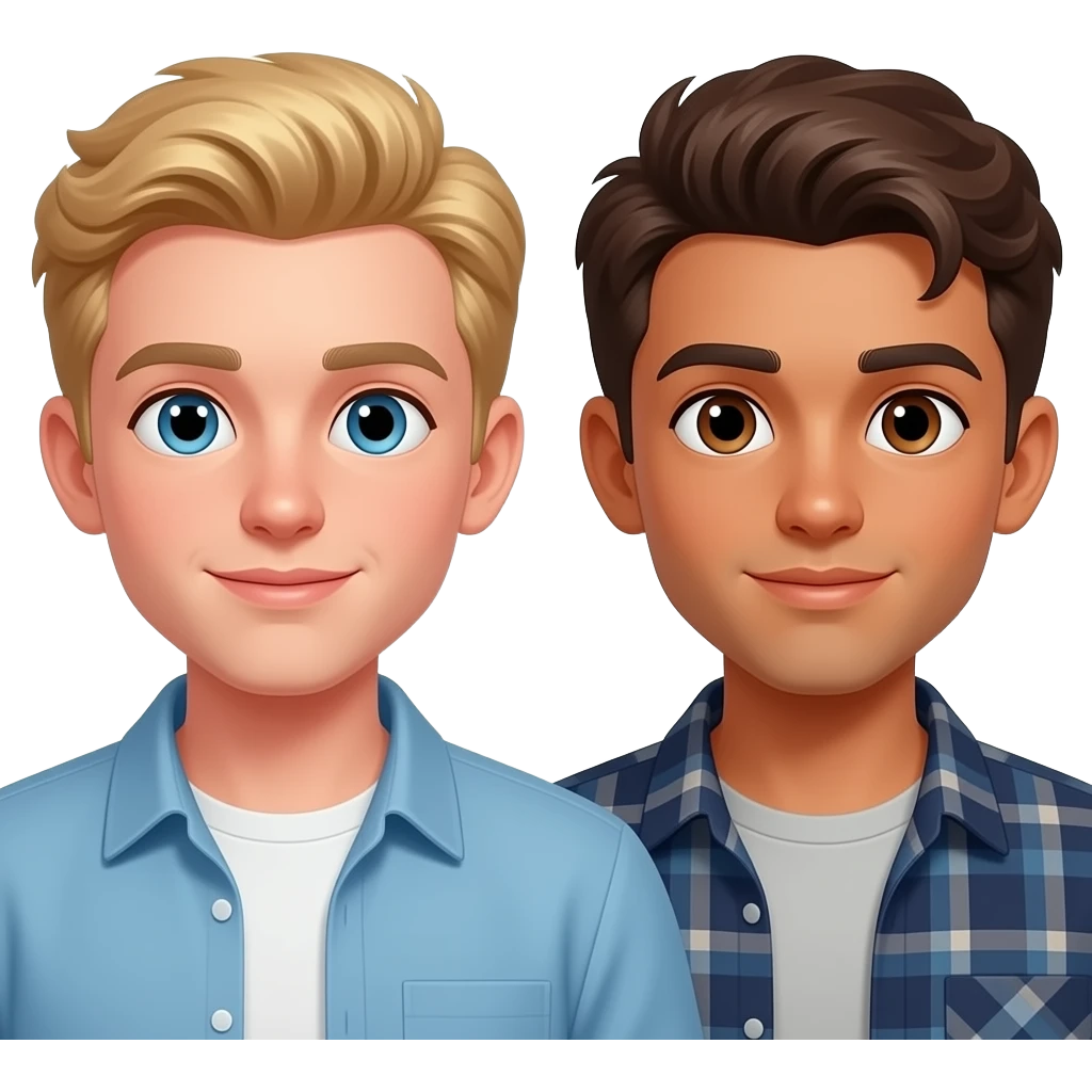 Make a young gay teen couple on a Date , one has light Skin with Blond Hair and Blue Eyes, the other one has slightly brown skin witz dark Brown Hair and Brown Eyes. They are watching a movie together. emoji