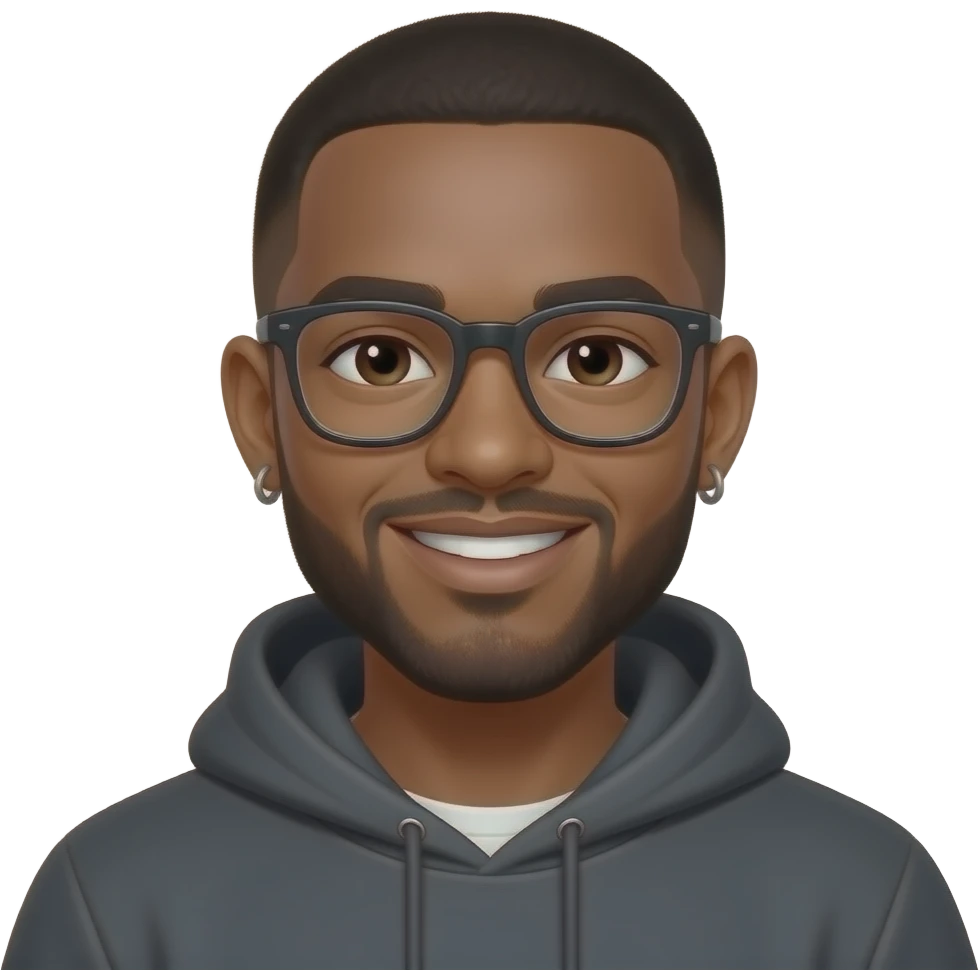 caramel skin man in his 20s with buzzcut. dark brown eyes. beard. glasses. smiling. wearing a hoodie. earrings. emoji