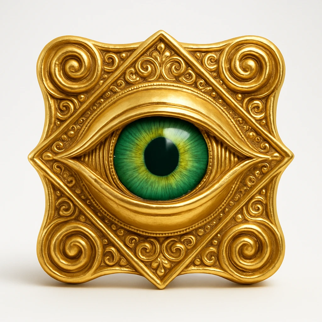 a green evil eye, ornate, with intricate patterns and gold accents emoji