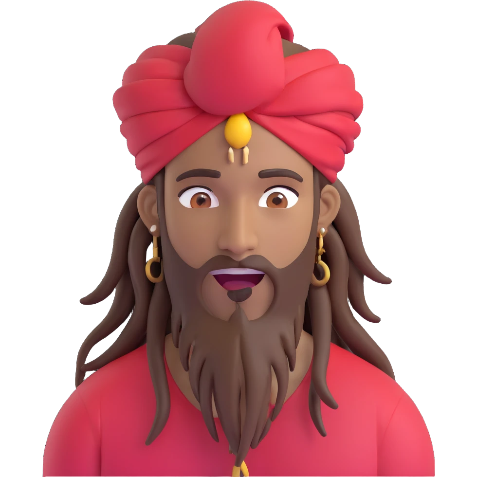 Brownskin man with long brown dreadlocks 
red t-shirt 
white turban 
expression is in love 
his eyes mouth open  emoji