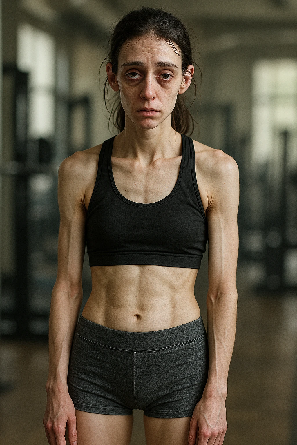 3D realistic vertical illustration of a young athletic woman in sportswear standing in a gym. Her body appears lean but slightly fatigued, with visible muscle loss and a tired expression. Subtle details like dark circles under her eyes, pale skin, and a slouched posture suggest underfueling. The lighting is soft and natural, with gym equipment blurred in the background. emoji