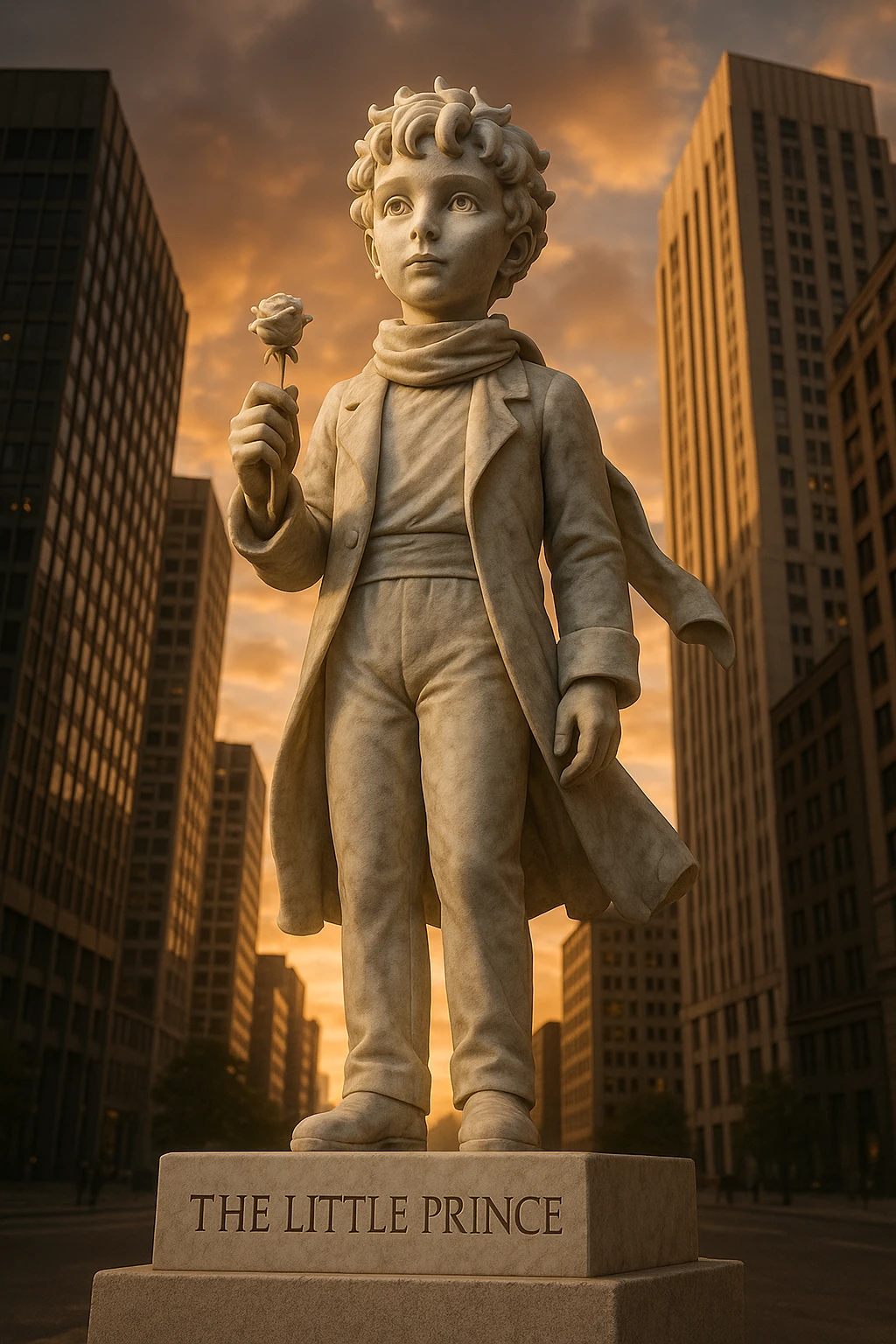 Ultra-realistic full-length marble sculpture of the Little Prince holding a rose in his hand, standing in the middle of a modern city. The pedestal is engraved with [TEXT]. Sunset lighting, dramatic view from below. emoji