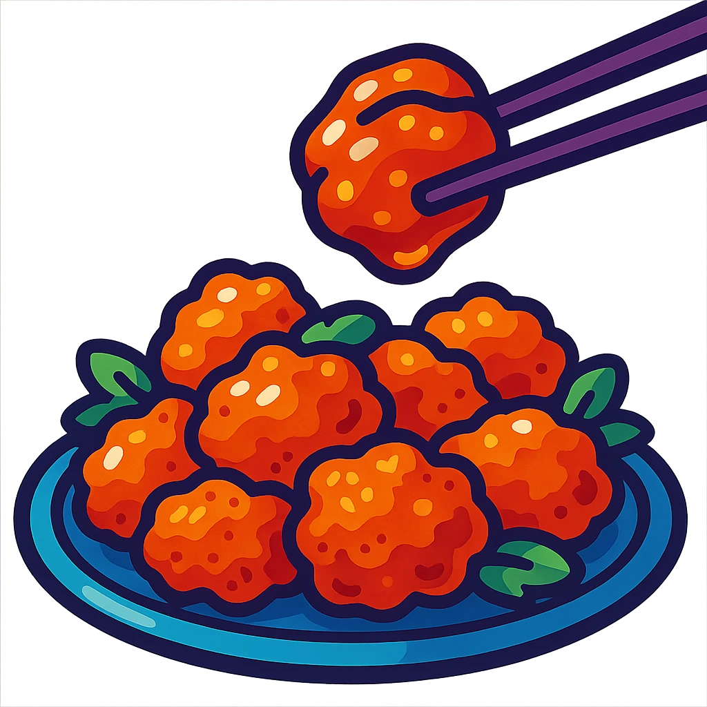 honey chicken, stylized, chopsticks holding a glazed piece, vibrant colors, vibrant toon style emoji