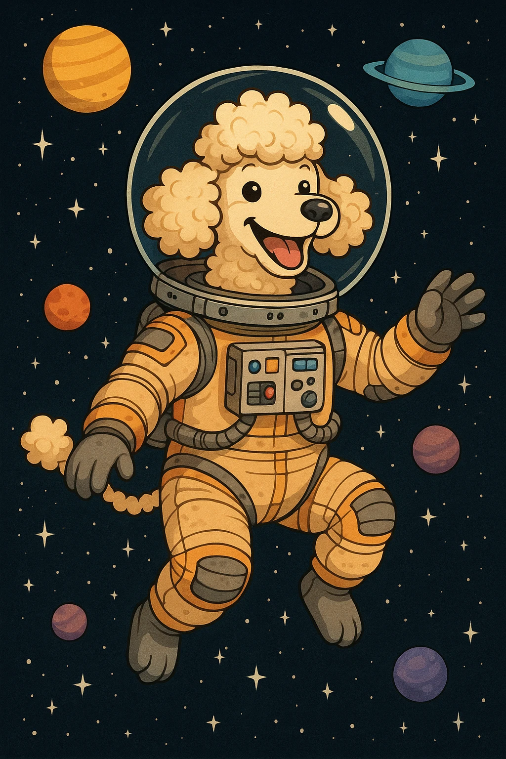 a poodle wearing a detailed spacesuit floating in space, visible stars and planets, playful and whimsical emoji