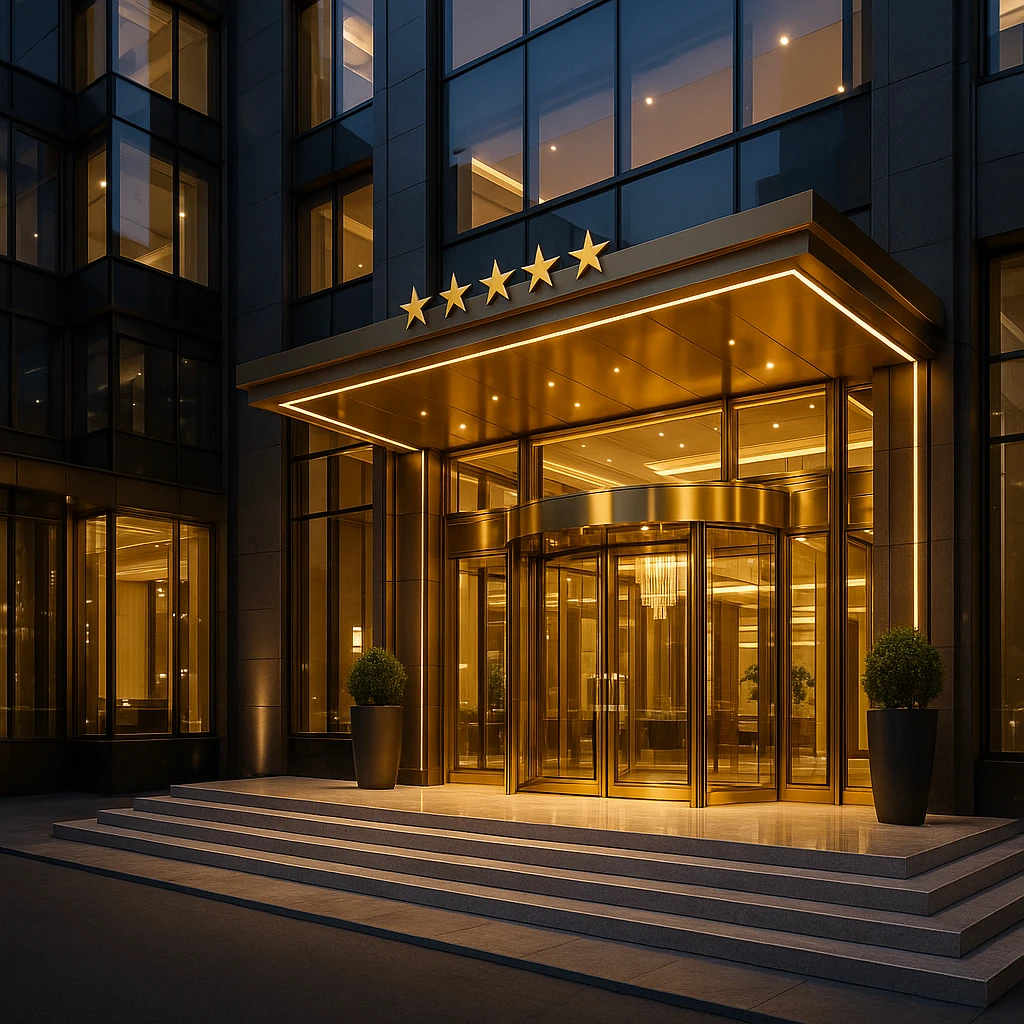 luxurious 5 star hotel, elegant, grand entrance, gold accents, modern architecture emoji