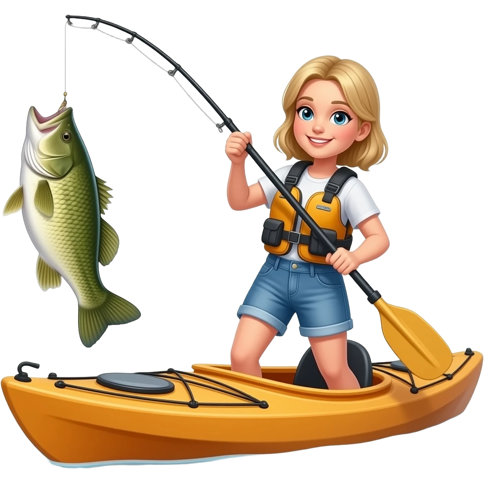 a blonde girl catching a huge bass from a kayak emoji