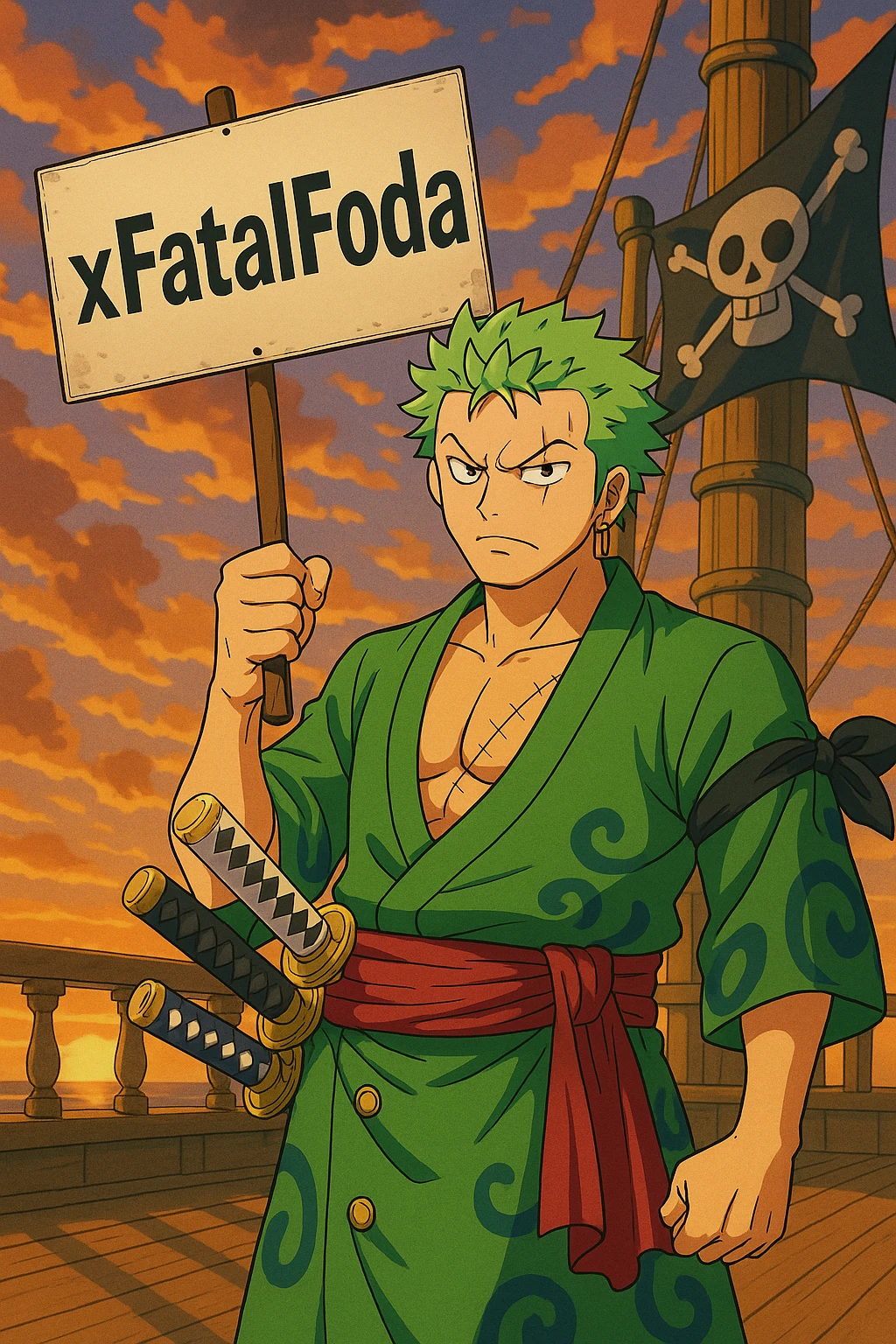 Transform the image of Zoro from One Piece into a more animated, lively anime style, preserving the Wano arc look. Add dynamic shading and expressive features to enhance the character's liveliness. Keep the protest sign with 'xFatalFoda' clearly visible and maintain the pirate ship sunset background as in the original image. emoji