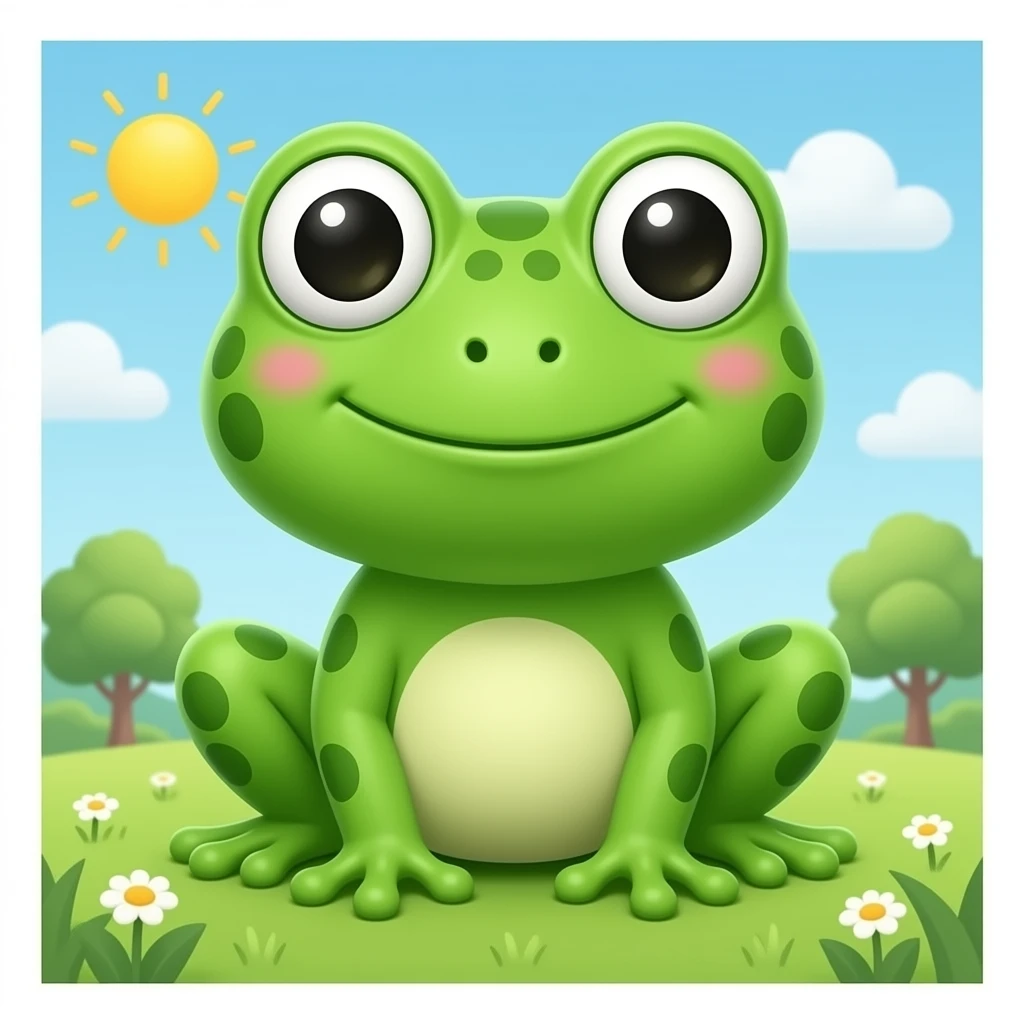 Frog & Peach Pub: stylish 3D emoji style, glossy surface, soft shadows, white background, centered, no text, cute frog character, big expressive eyes, bright green, emoji