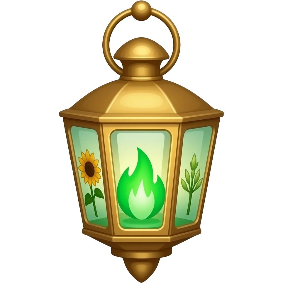 A golden hanging lantern with a bright emerald flames, an empty loop on top, sunflower & asphodel themed, but simple focus more on the green flames, paint the glass more green, have its bottom point come to some sort of point emoji