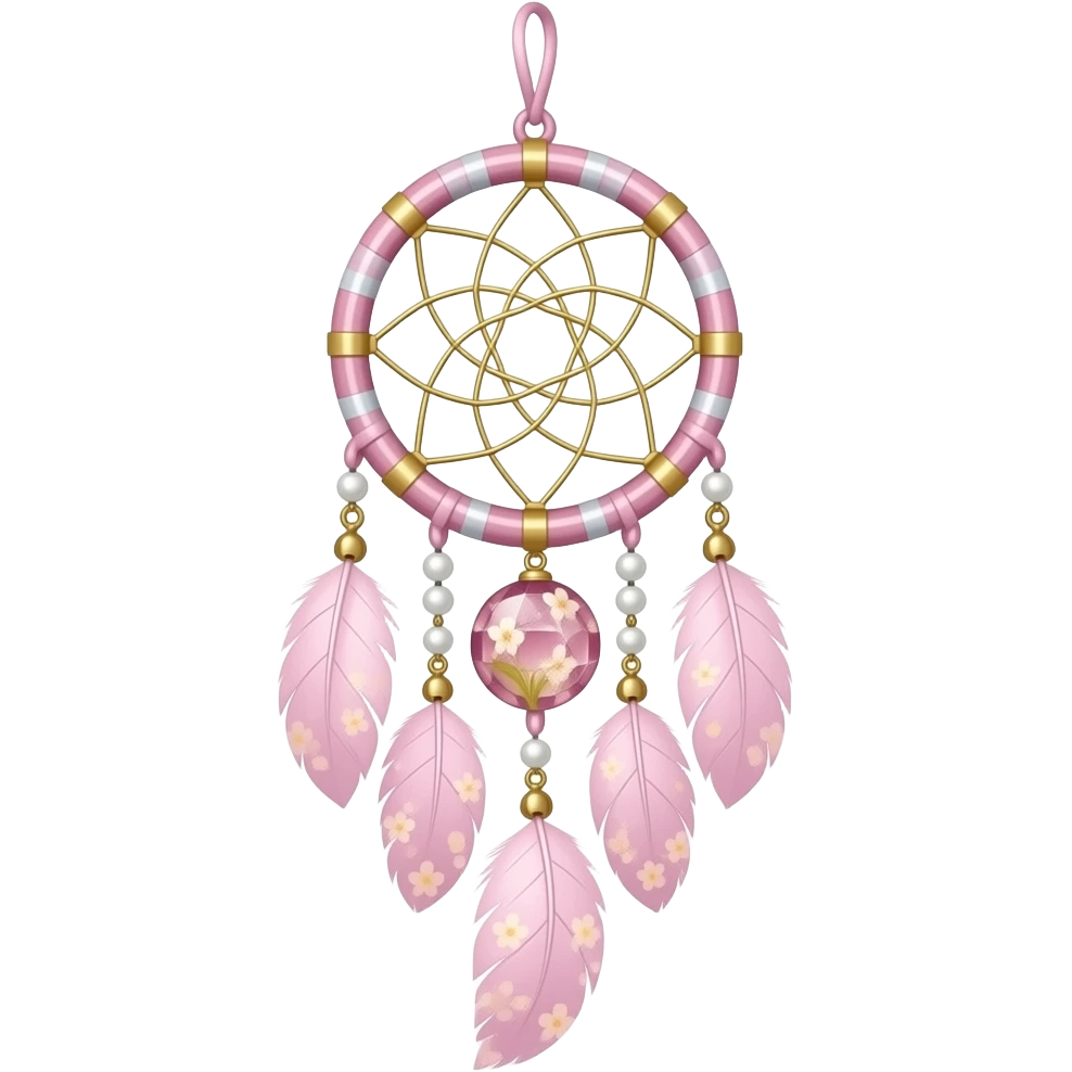 Hanging pastel pink white gold sakura crystals white-pearly suncatcher dreamcatcher with bells and feathery ornament emoji
