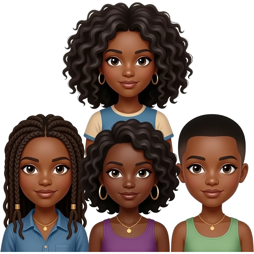 3 black sisters only. One with longer locs, other with curly hair and one with shortest Short pixie cut emoji