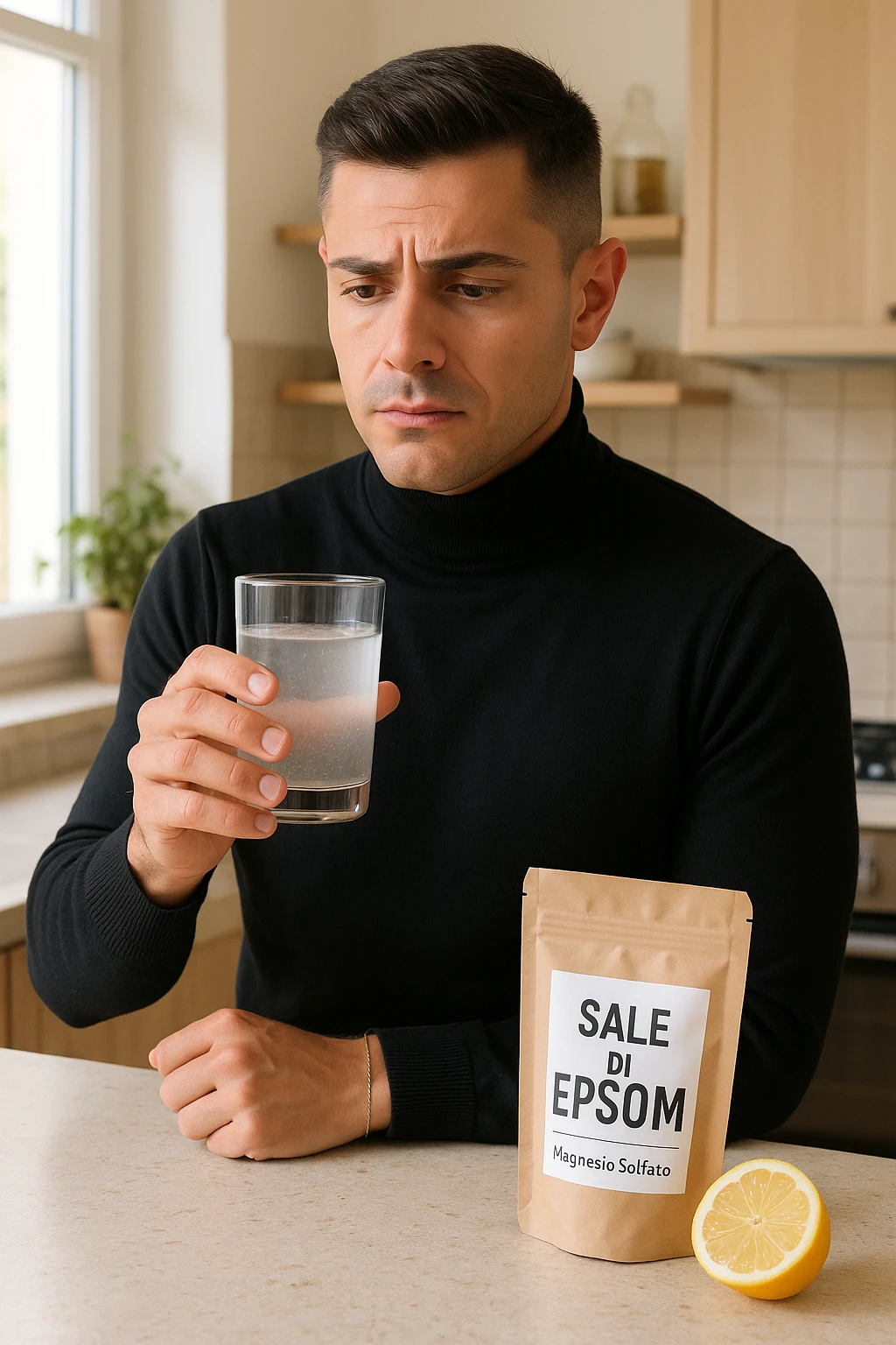 A realistic, bright photo-style image of a young man in his 30s standing in his kitchen, holding a clear glass filled with water in which Epsom salt (magnesium sulfate) has been dissolved. He looks focused but slightly uncertain as he prepares to drink it for a liver flush or digestive cleanse. The glass shows slight cloudiness from the dissolved salt. On the counter are a packet labeled 'Sale di Epsom' and a sliced lemon, suggesting he might use it to mask the taste. The setting is clean, natural, and bright with neutral tones. The background shows sunlight streaming through a window, emphasizing a clean, minimalist health-focused environment. The mood conveys a realistic, calm moment of self-care with a hint of discomfort, illustrating a natural detox practice in italiano emoji