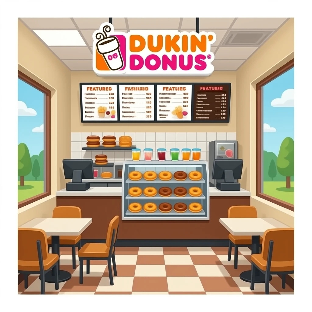 dunkin donuts interior with many donuts on the shelves and a menu with the featured drinks and tables and chairs emoji