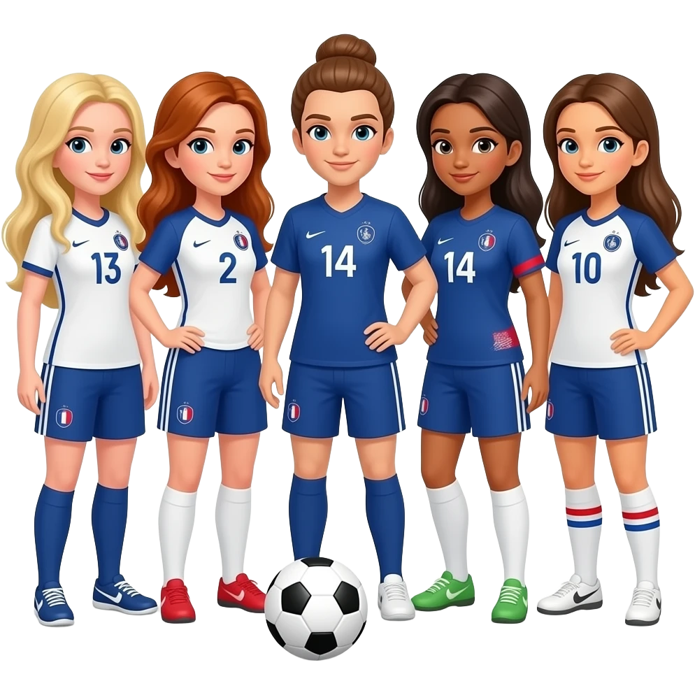 A team of 7 women playing soccer in France : one long blond hair and white skin, one auburn long hair and white skin, one with caramel-colored skin and chestnut hair, two with chestnut long hair and white skin, one with brown middle hair and white skin, one with brown long hair and white skin emoji