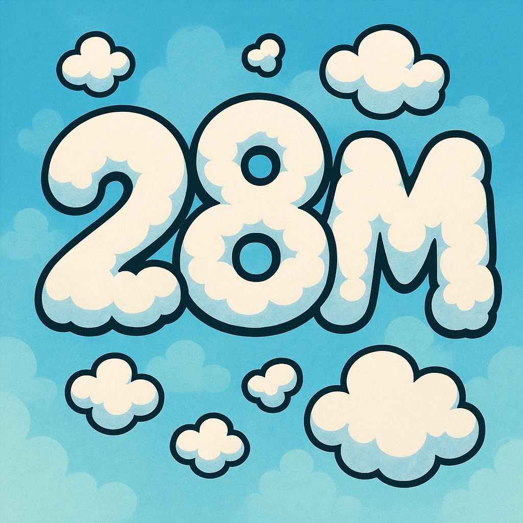The number two, the number eight, and the letter M in a cartoonish cloud formation, bold and playful emoji
