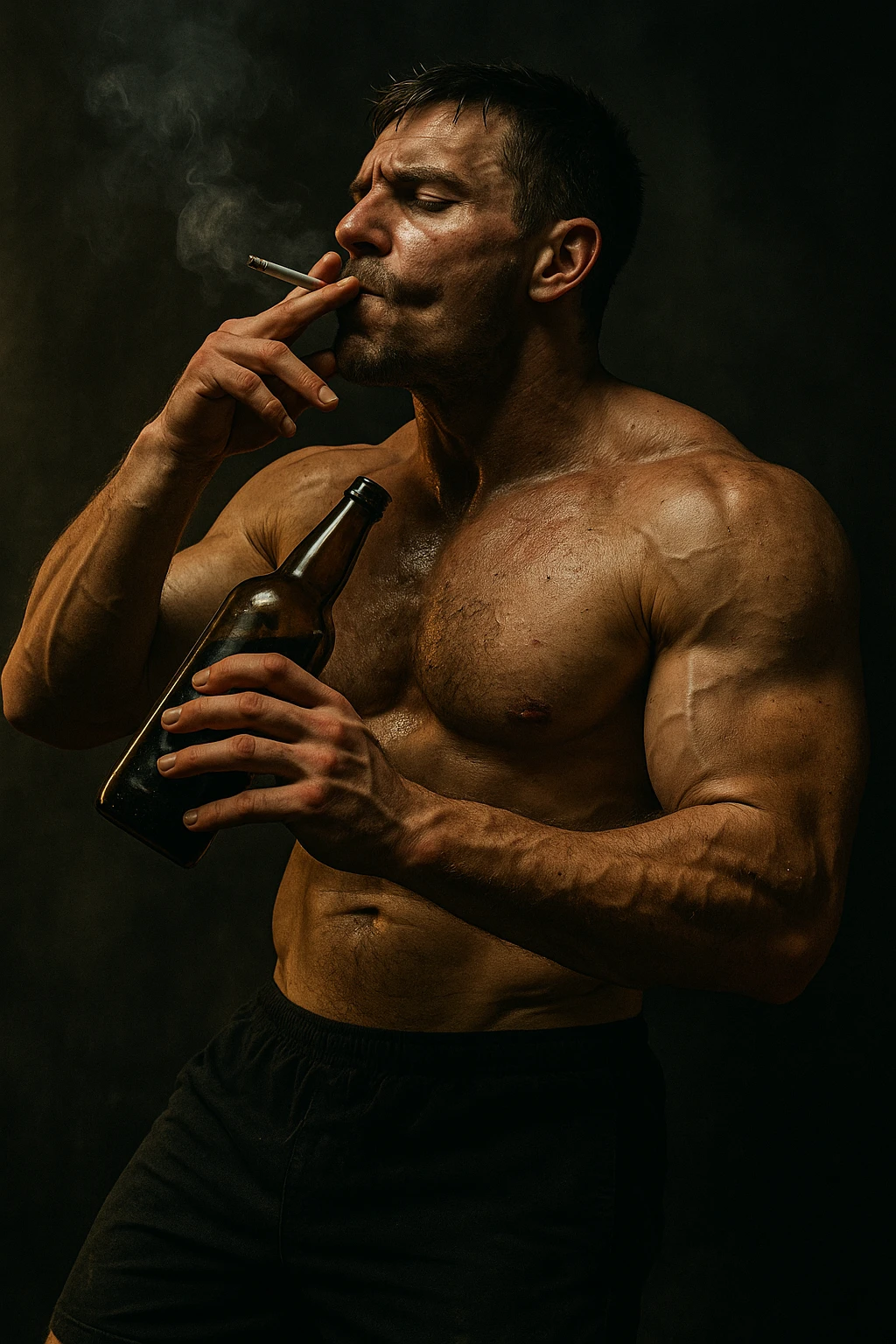 vertical realistic scene of a muscular bodybuilder smoking, drinking alcohol, and showing other unhealthy behaviors, dramatic atmosphere, 2:3 aspect ratio emoji