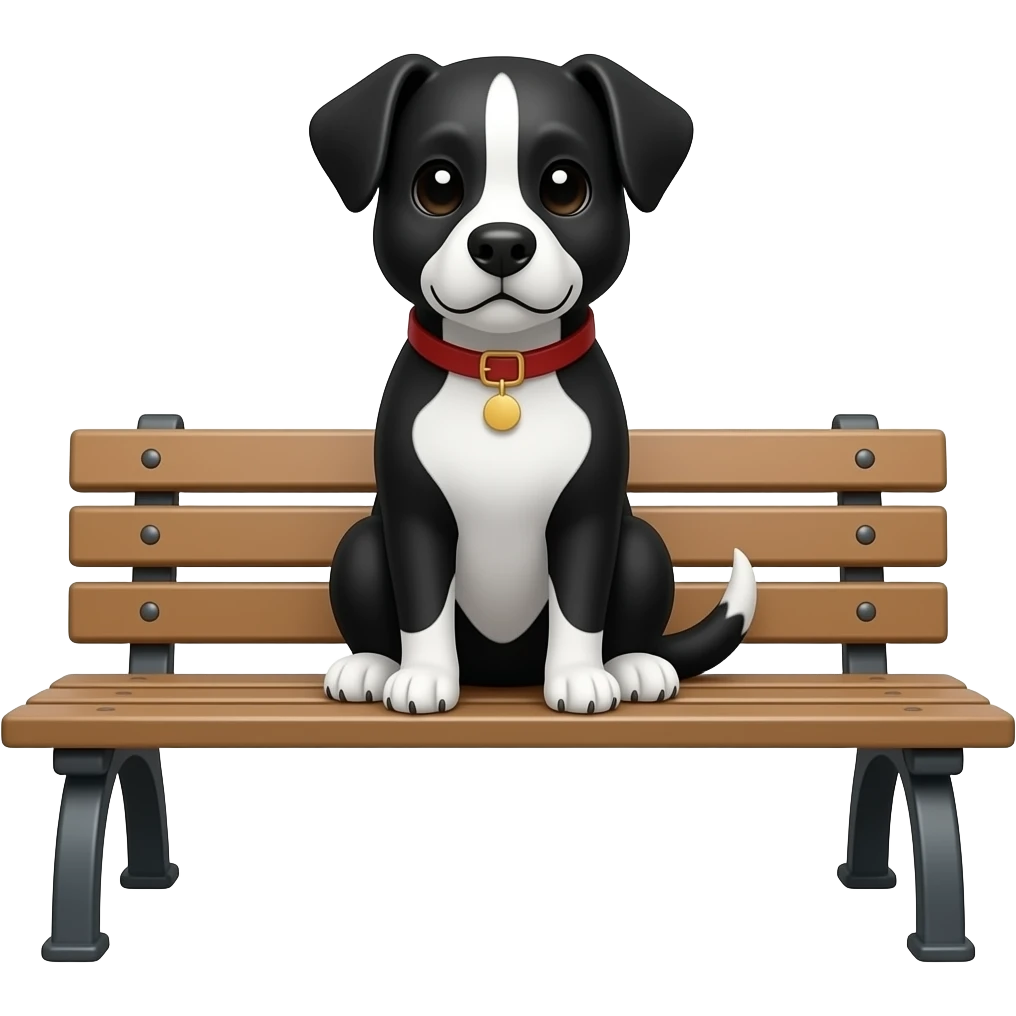 чёрно-белый пёс, сидит на скамейке как emoji