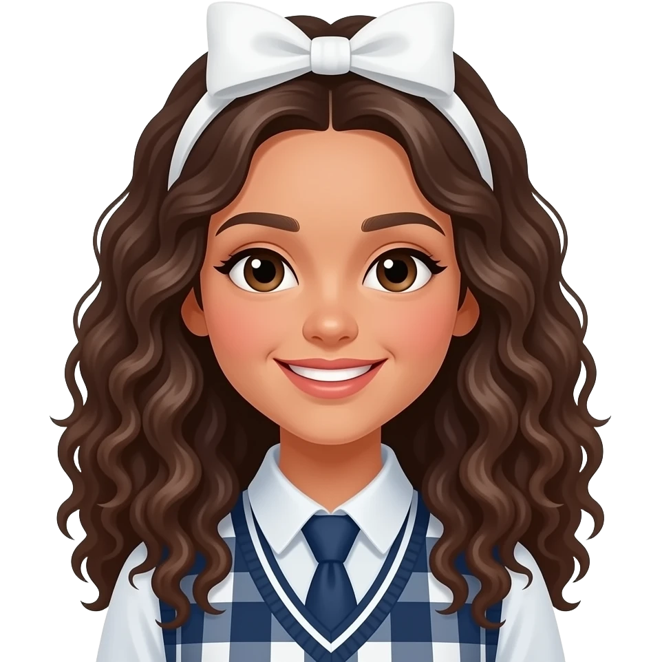 A female student with long, naturally loose curls and a bright, melting smile, adorned with a minimalist white or beige hair bow or donut. emoji