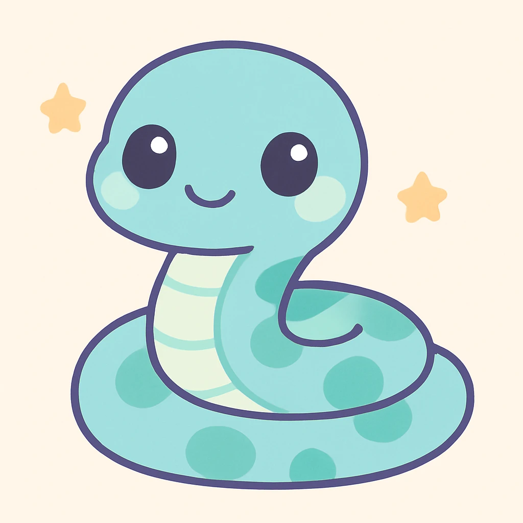 playful baby anaconda with big eyes, kawaii style, adorable, cute expression emoji
