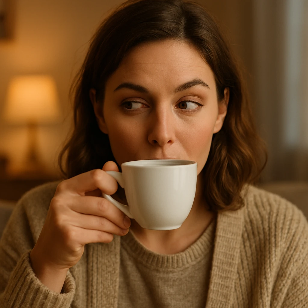 realistic woman giving side eye while sipping hot tea with her pinky up, subtle makeup, cozy setting emoji