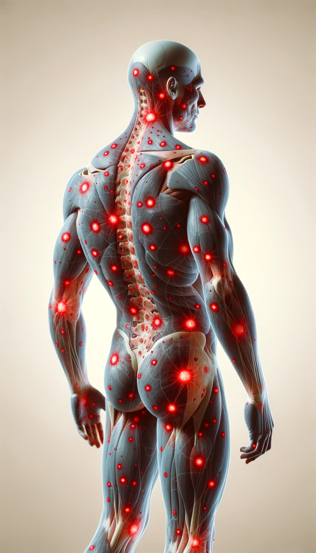 CORPO UMANO ANATOMICO CON RED SPOT DI INFIAMMAZIONE SPARSI SUL CORPO, SFONDO CHIARO, iperrealistico 4k emoji