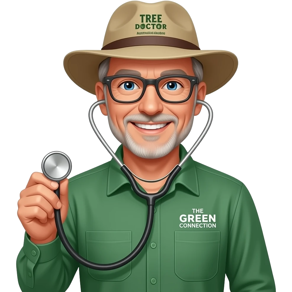 smiling middle-aged man blue eyes. Dark rectangle glasses, in green-collared, long-sleeve shirt.  Flatter wider-brim Australian Akubru hat. Holding a stethoscope. Insert 'THE GREEN CONNECTION' in white directly onto the left pocket & onto the right pocket, place only the words 'MY TREE DOCTOR' emoji