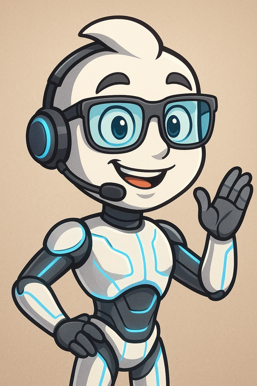 an AI agent, cartoon style, expressive face, tech accessories emoji