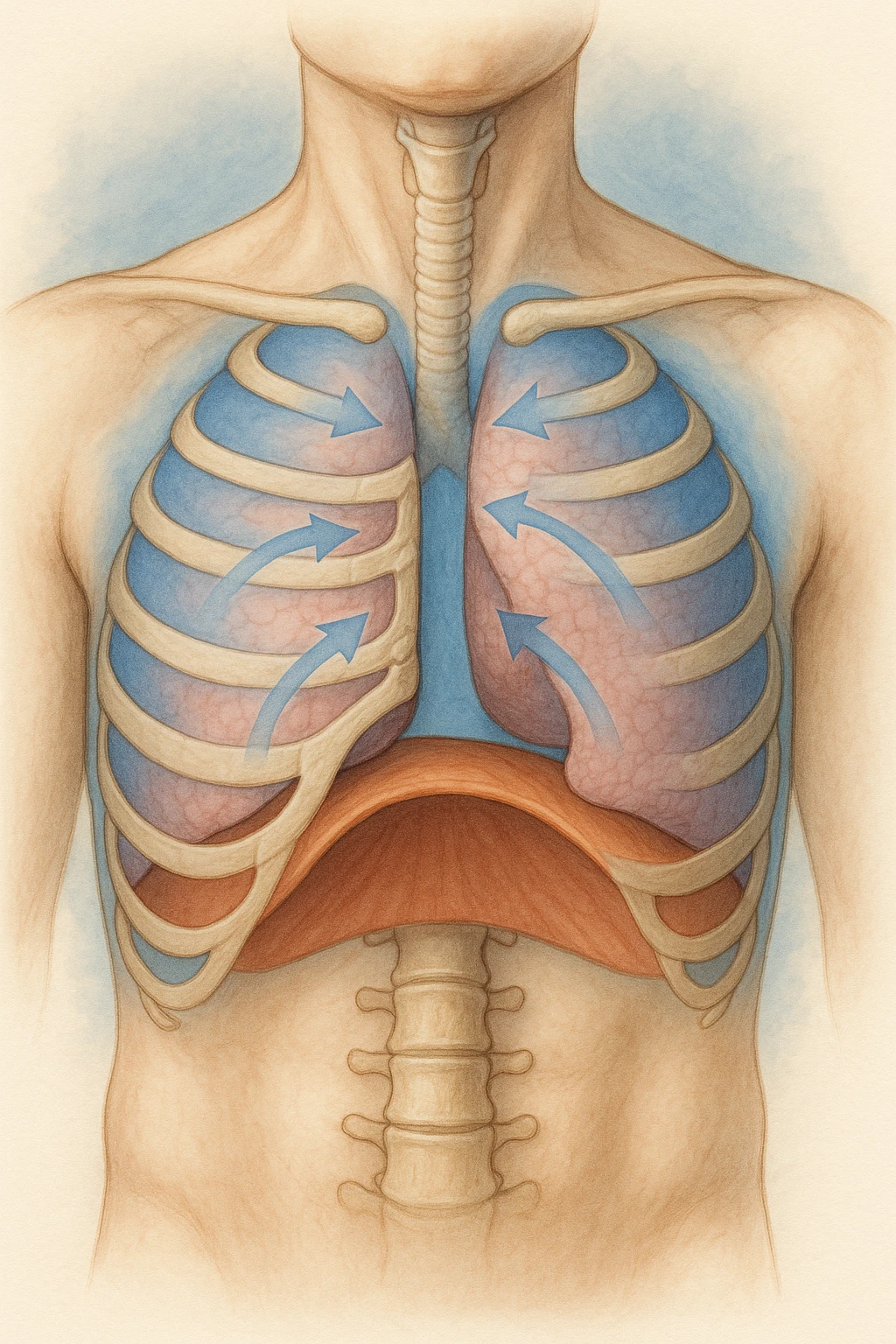 A realistic, high-quality anatomical illustration showing a human torso with visible rib cage and diaphragm. The ribs are shown in a decompressed, expanded state, allowing full lung expansion, while the diaphragm is depicted as relaxed and lowered, indicating deep, efficient breathing. Soft blue and warm tones highlight airflow and lung capacity, with light arrows illustrating the air movement during diaphragmatic breathing. The image conveys a sense of calm, openness, and optimal breathing mechanics, useful for physiotherapy, breathing education, and osteopathic learning contexts realistica emoji