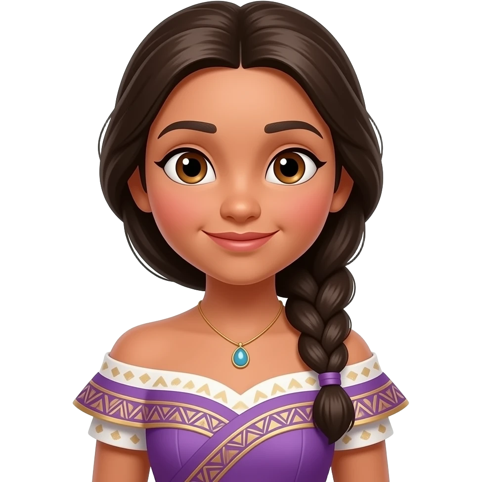 princess moana with belles hair style and a braid, with a purple and white and golddress pocahontus style no necalace, brown eyes emoji