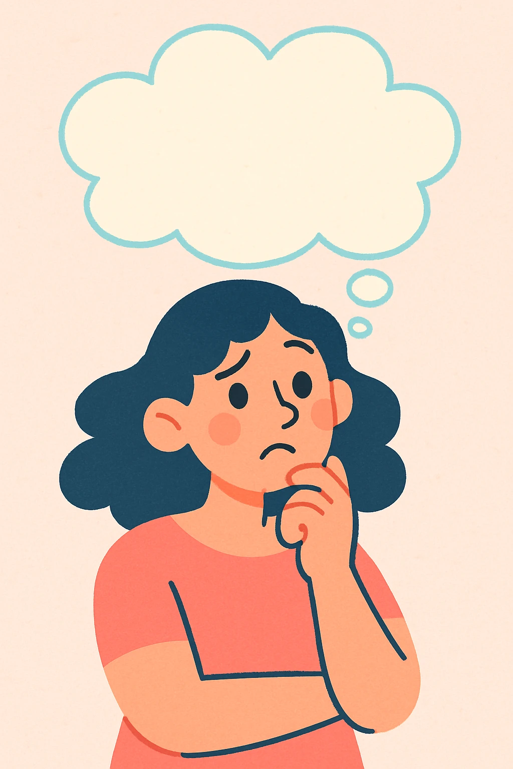 woman with a thought cloud above her head, soft pastel illustration style emoji
