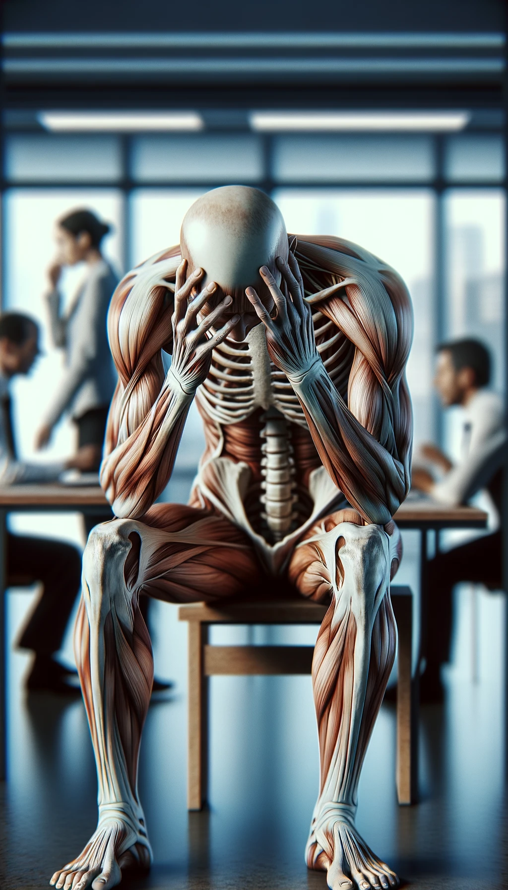CORPO UMANO ANATOMICO SEDUTO IN UFFICIO CON PERSONE SFOCATE SULLO SFONDO CHE GLI PARLANO E LO ASSILLANO, LUI SI TIENE LE MANI SULLA TESTA ED è MOLTO STANCO E STRESSATO, IPERREALISTICO 4K emoji