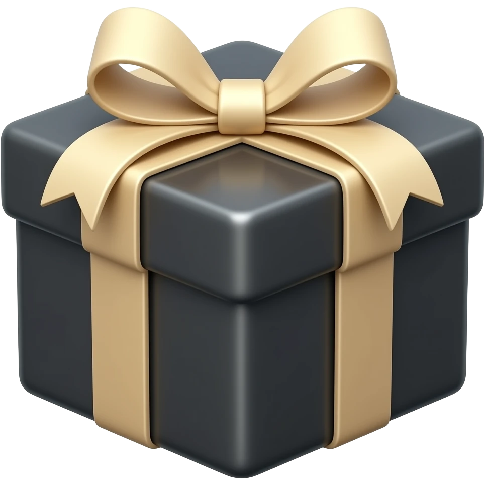 Cinematic realistic looking black shiny gift box, sealed with a beige bow emoji