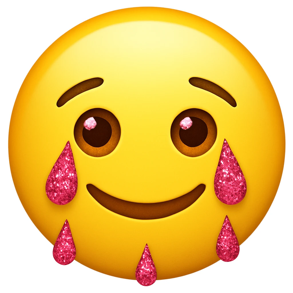 Make the tears pink glittery and the lips smile on a classic round yellow face emoji. The face should not be a woman face, but a classic emoji face. emoji