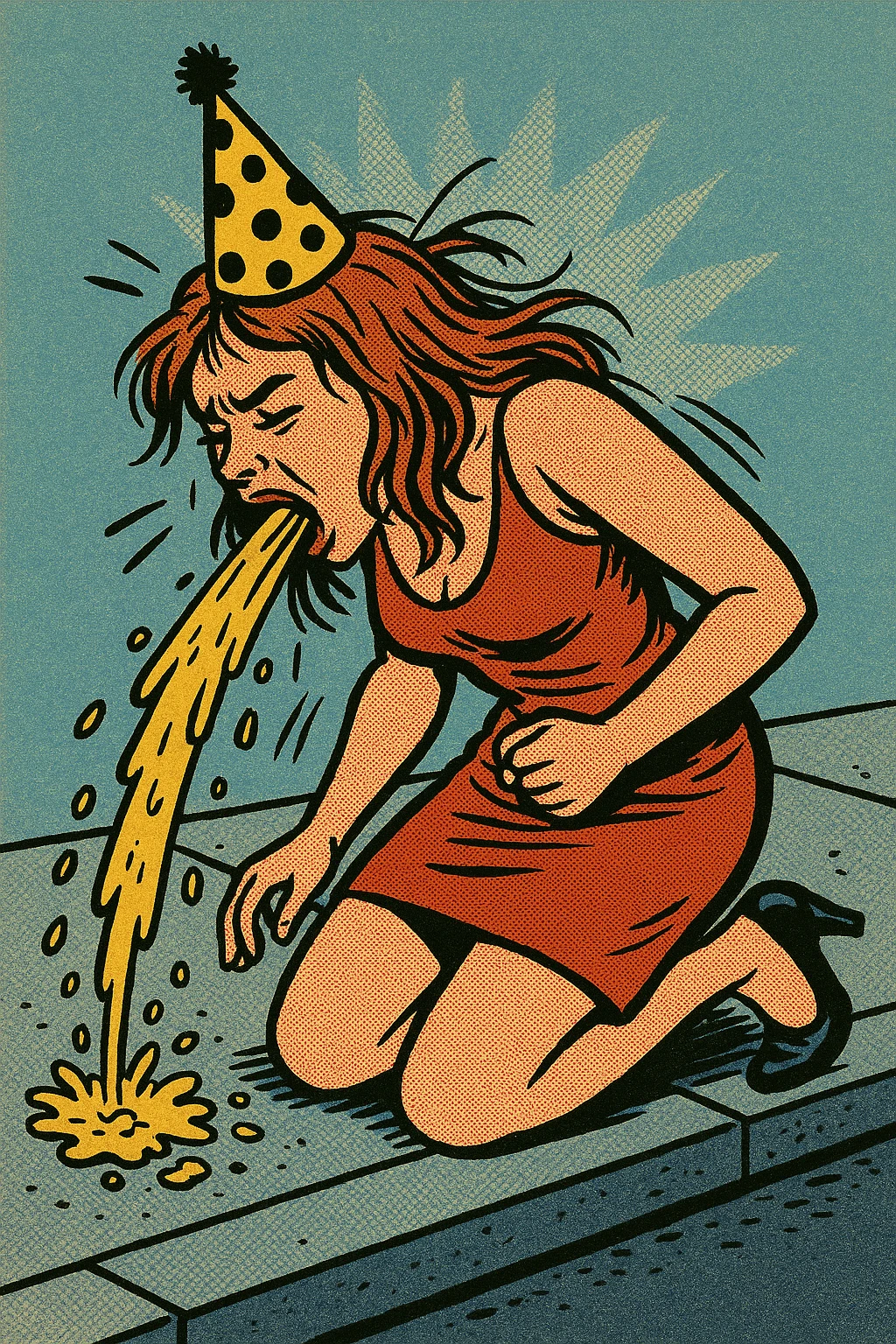 comic book style woman kneeling on sidewalk throwing up, party outfit, messy hair emoji