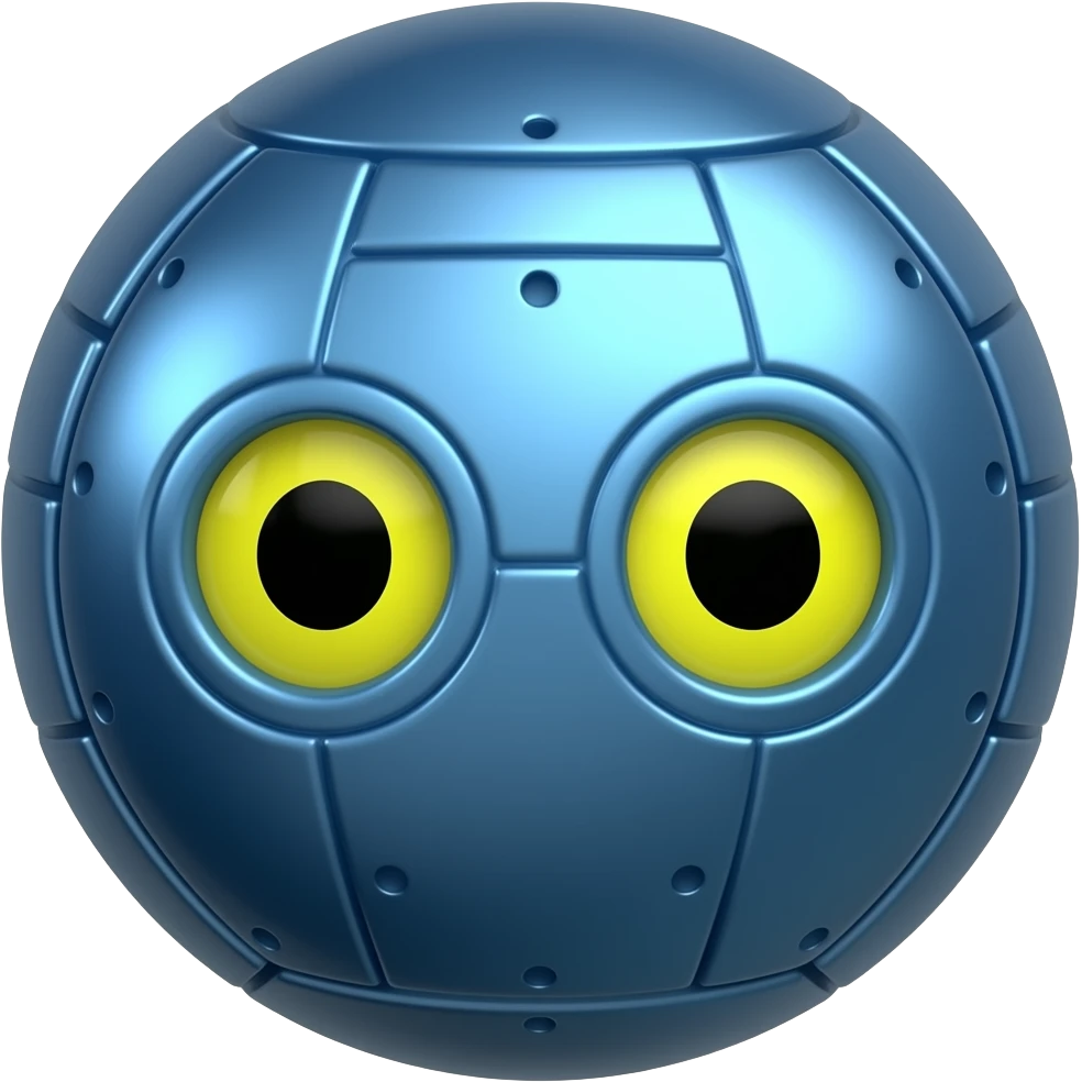 Cute spaceship themed metal blue ball with yellow eyes and black pupils emoji