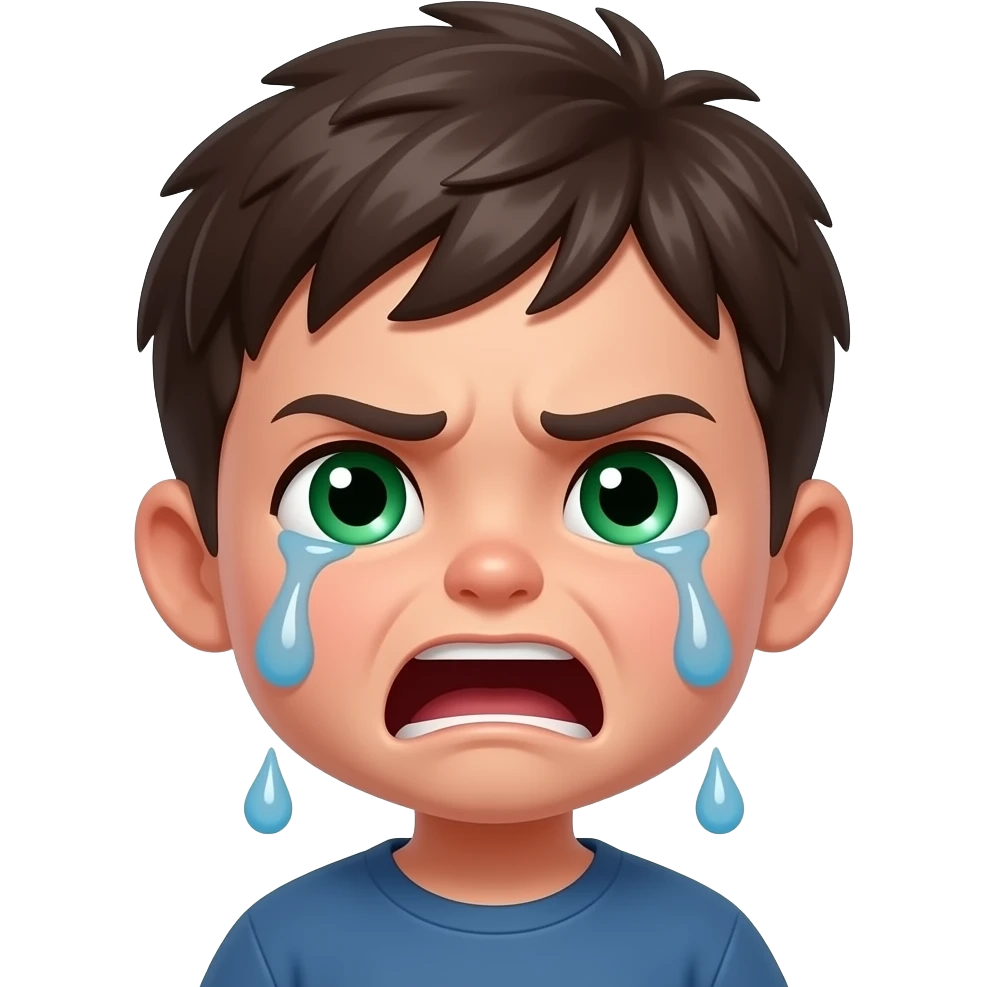 Little slim dark haïr boy with dark green eyes se sing big stones with very angry face, crying emoji