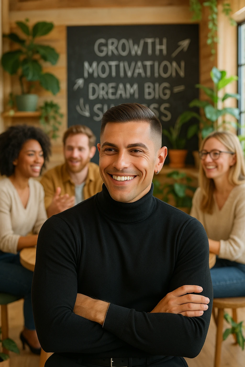 A confident man sitting in a cozy, modern coworking space, surrounded by positive, driven people engaged in creative conversation. He listens, learns, and occasionally smiles, visibly elevated by their presence. Behind him, a chalkboard or whiteboard with empowering words and ideas. The environment is filled with natural light, plants, and soft wooden textures. The atmosphere suggests emotional growth, support, and personal development. emoji