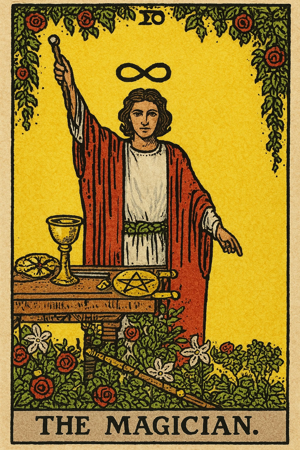 The Magician tarot card, full figure, in the style of Rider Waite Smith, detailed, mystical, holding a wand, with a table of symbols, yellow background, classic tarot illustration. emoji