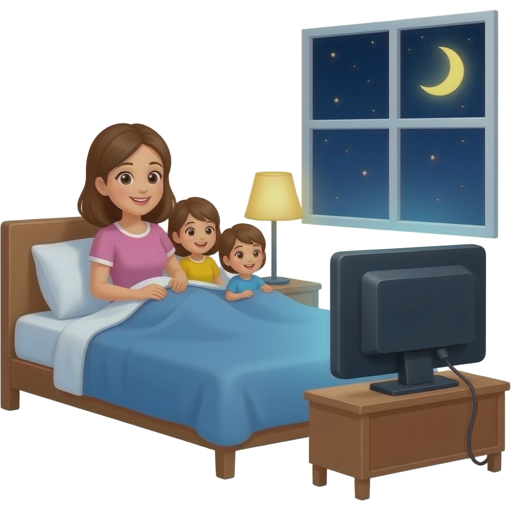 a woman and her family watching TV in bedroom at night emoji