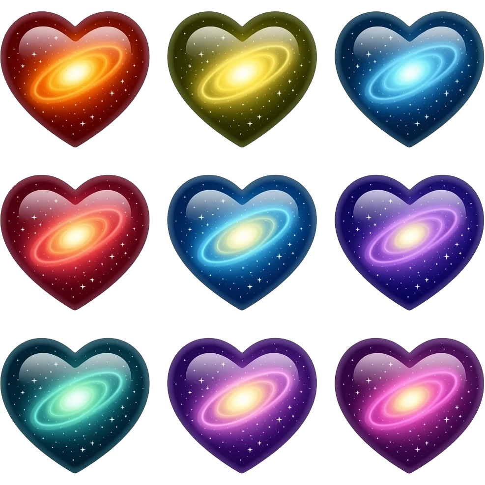 loads of different coolest galaxy hearts but all different colours nebula and stuff emoji