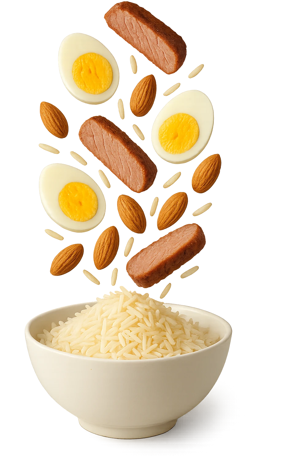 bowl bianca in cui cadono verticalmente fettine di carne, uova sode, mandorle e riso basmati emoji