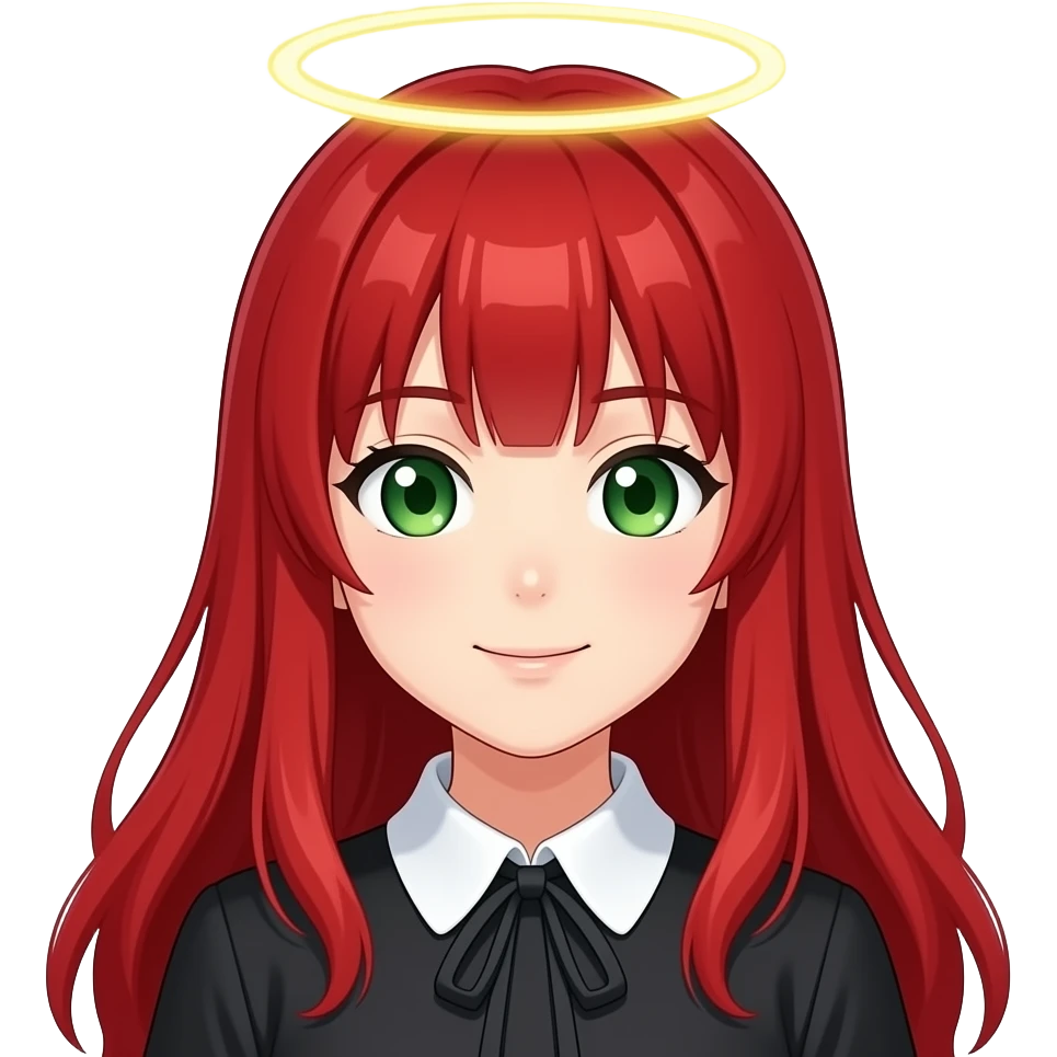 anime girl  halo red hair green eyes black blouse with white collar emoji