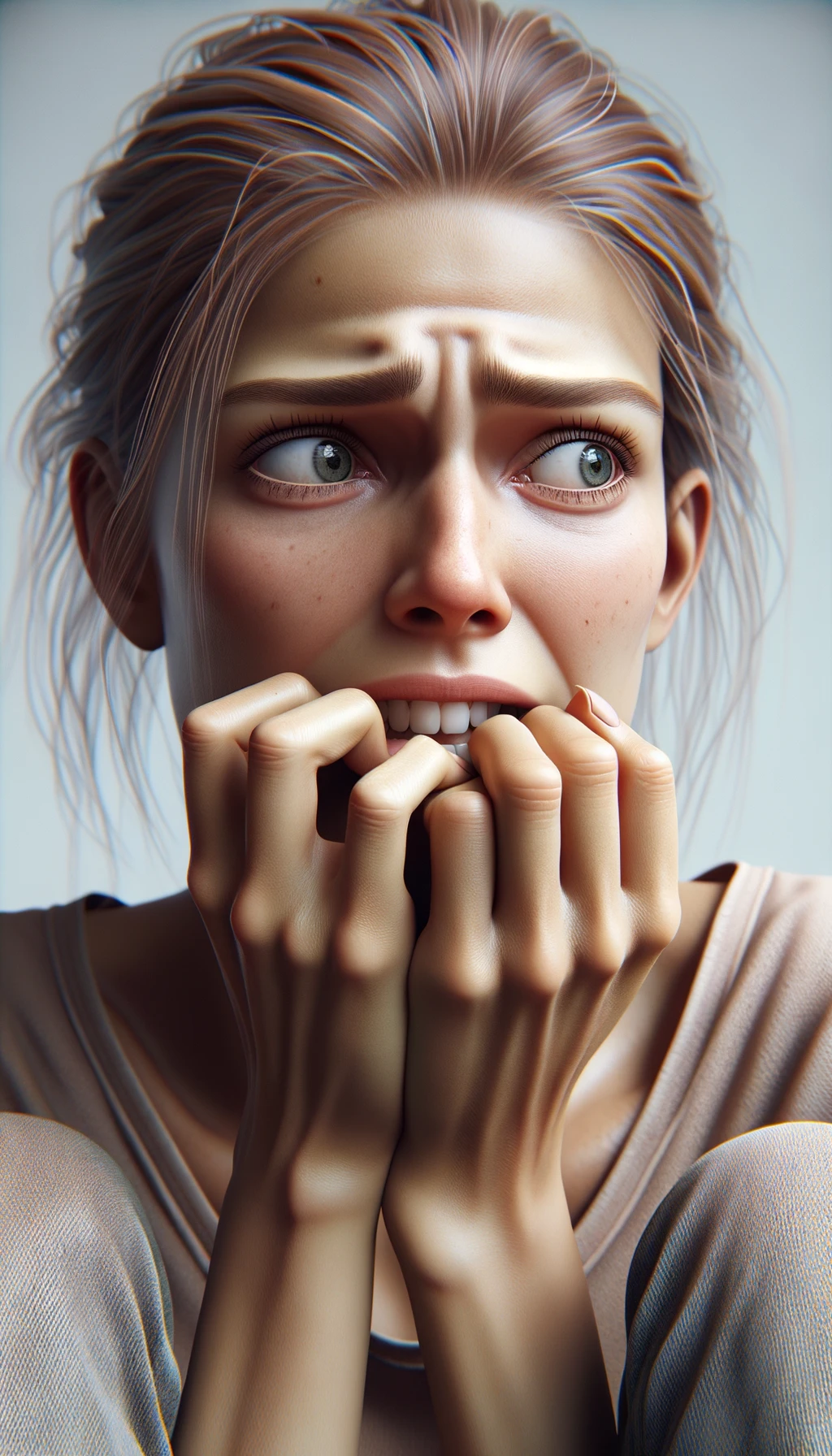 DONNA  che si mangia le unghie per il nervosismo, sfondo chiaro, iperrealistica 4k emoji